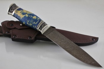 Охотничий нож "Засапожный" Дамасская сталь. Рукоять мельхиор, кап Клена(синий).